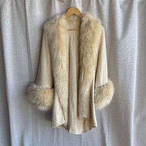 Cream Faux Fur Trim Wrap Coat Shawl Open Front Winter Layer